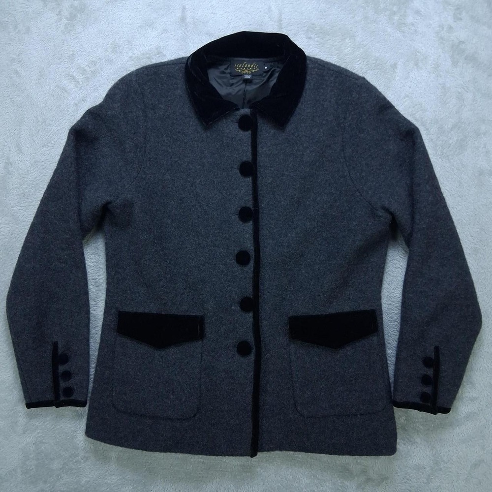 Icelandic Design Womens Vintage Wool Jacket Gray Black Velvet Trim Coat Medium